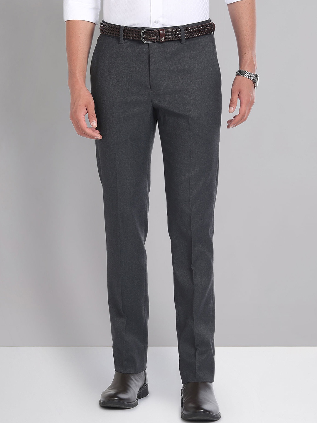 

AD By Arvind Mid Rise Dobby Weave Trousers, Grey