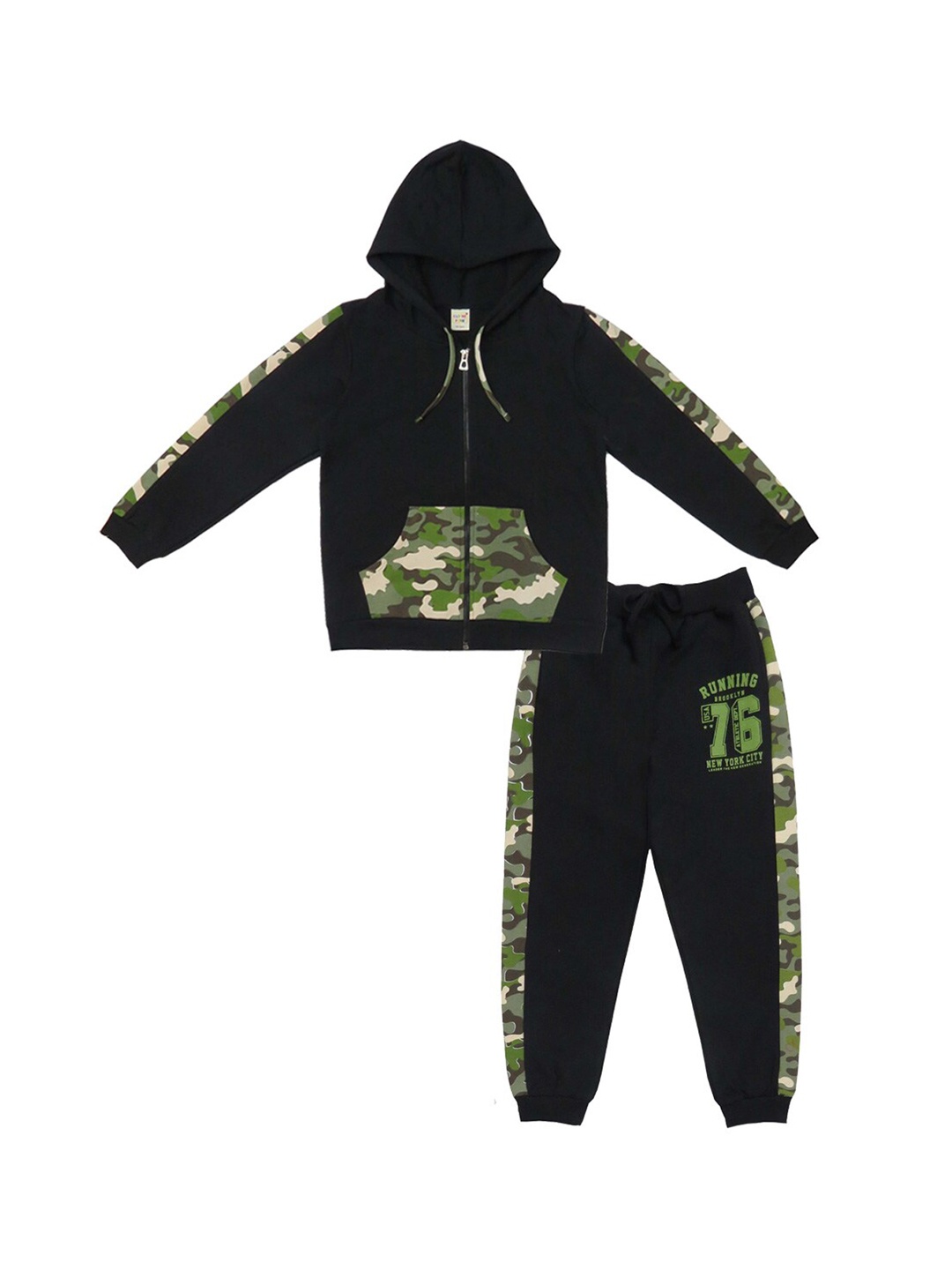 

Clothe Funn Boys Camouflage Printed Hooded Zip-Up Tracksuits, Black