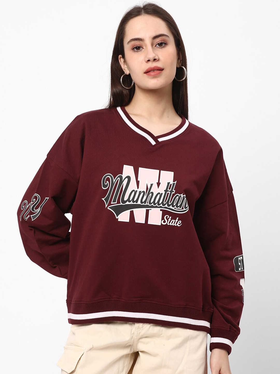 

R&B Typography Printed V-Neck Cotton Pullover, Maroon