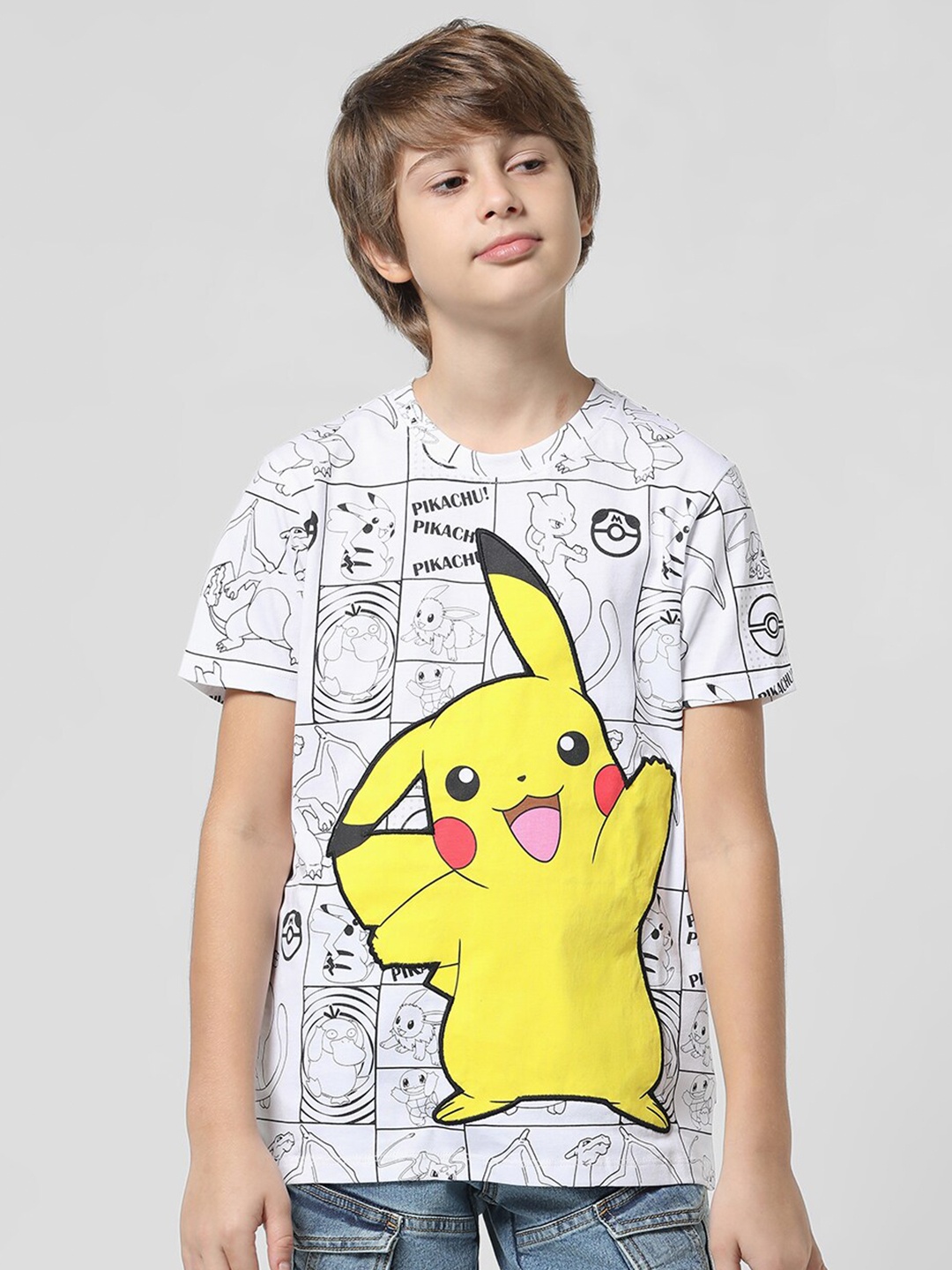 

Jack & Jones Junior Boys Pokemon Printed Round Neck Pure Cotton T-shirt, White