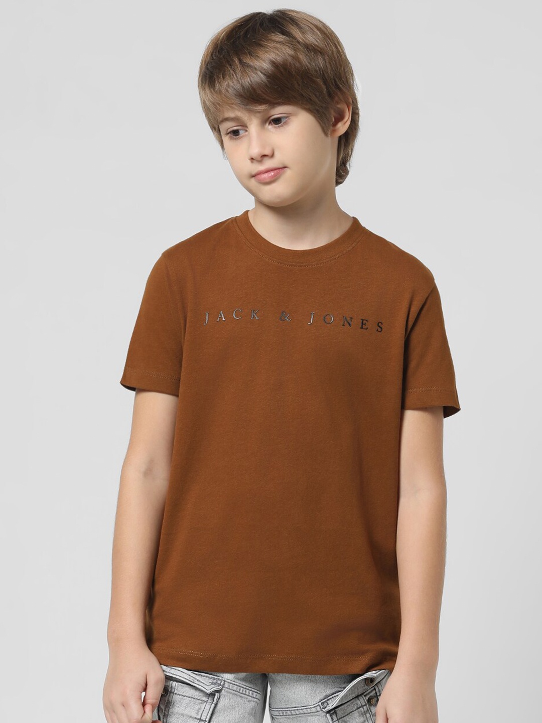 

Jack & Jones Junior Boys Typography Printed Round Neck Pure Cotton T-shirt, Brown