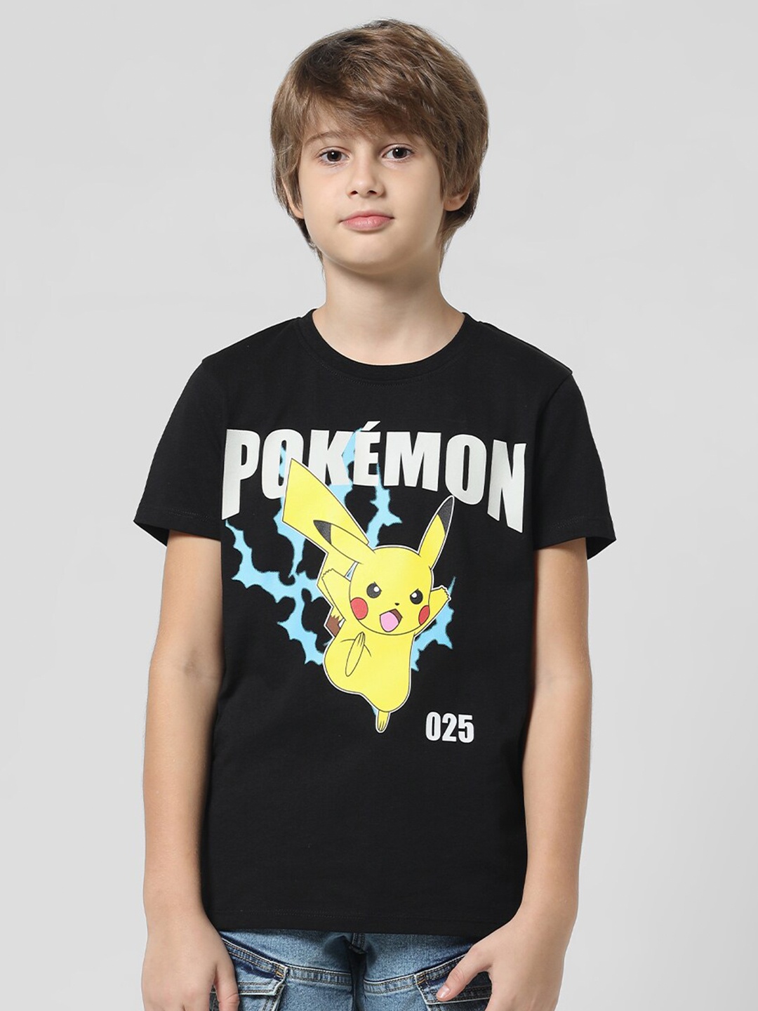 

Jack & Jones Junior Boys Thunderbolt Pokemon Printed Pure Cotton T-shirt, Black