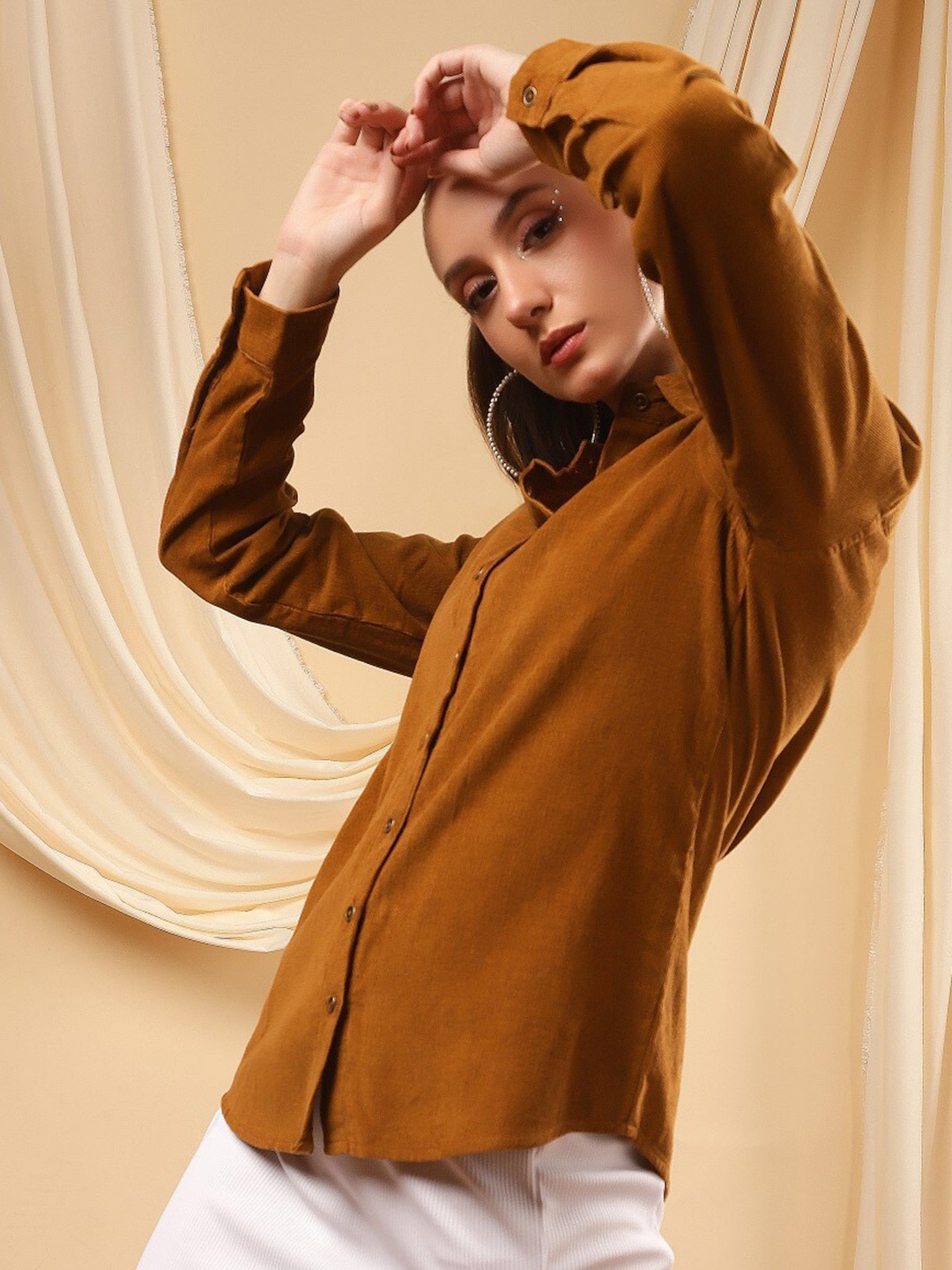 

Bani Women Classic Striped Cotton Corduroy Casual Shirt, Rust