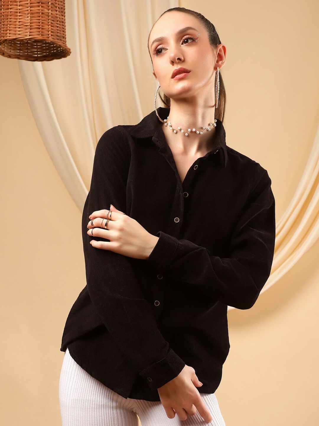 

Bani Women Classic Striped Cotton Corduroy Casual Shirt, Black
