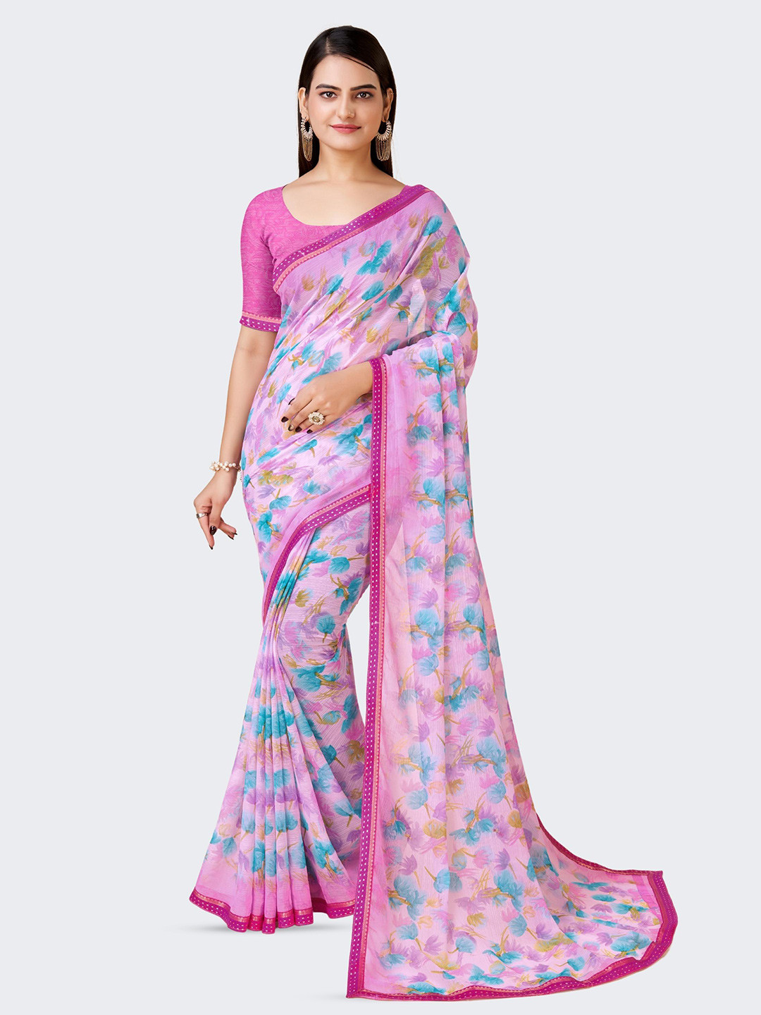 

DIVASTRI Floral Printed Pure Chiffon Saree, Pink