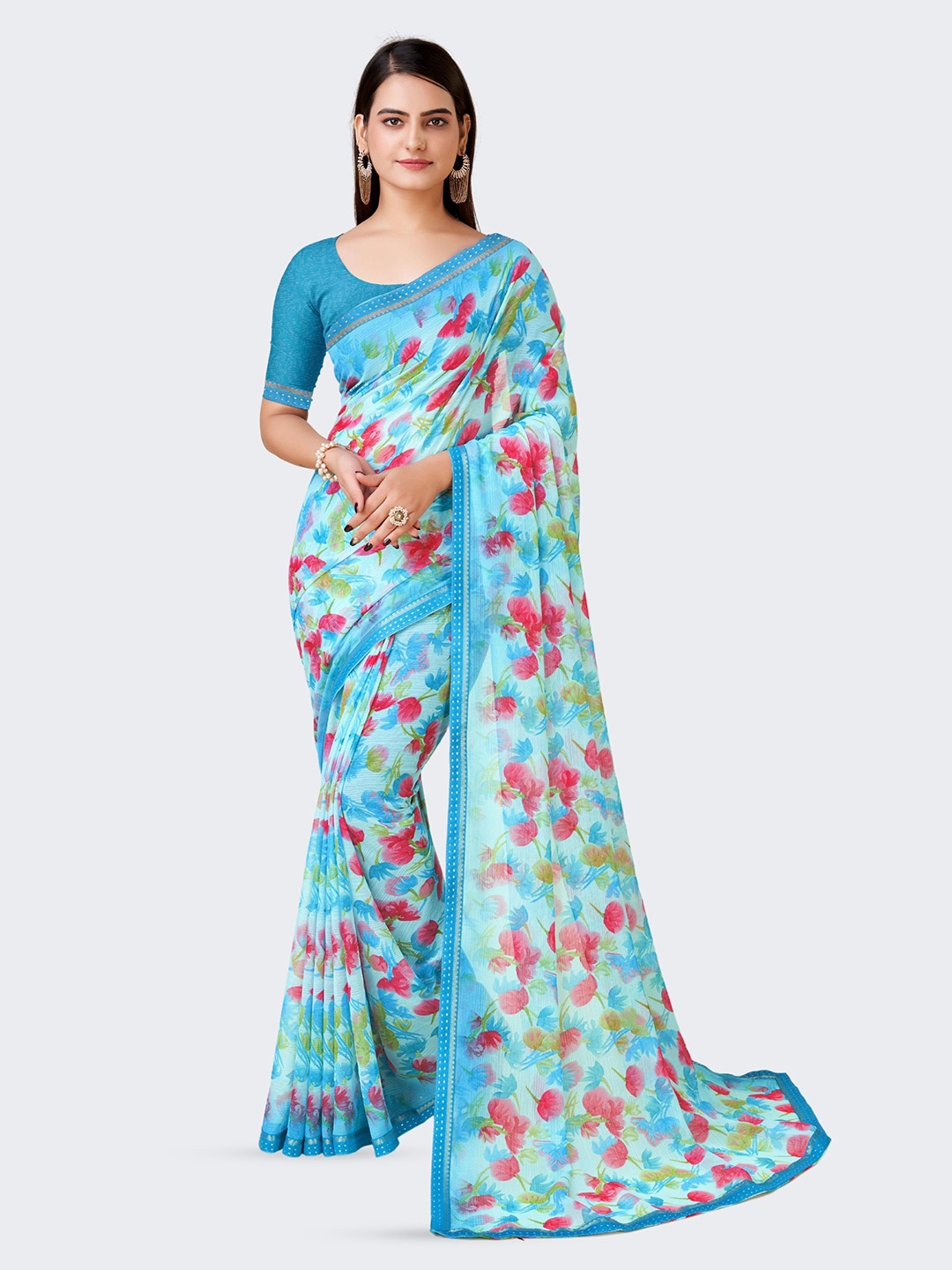 

DIVASTRI Floral Printed Pure Chiffon Saree, Blue