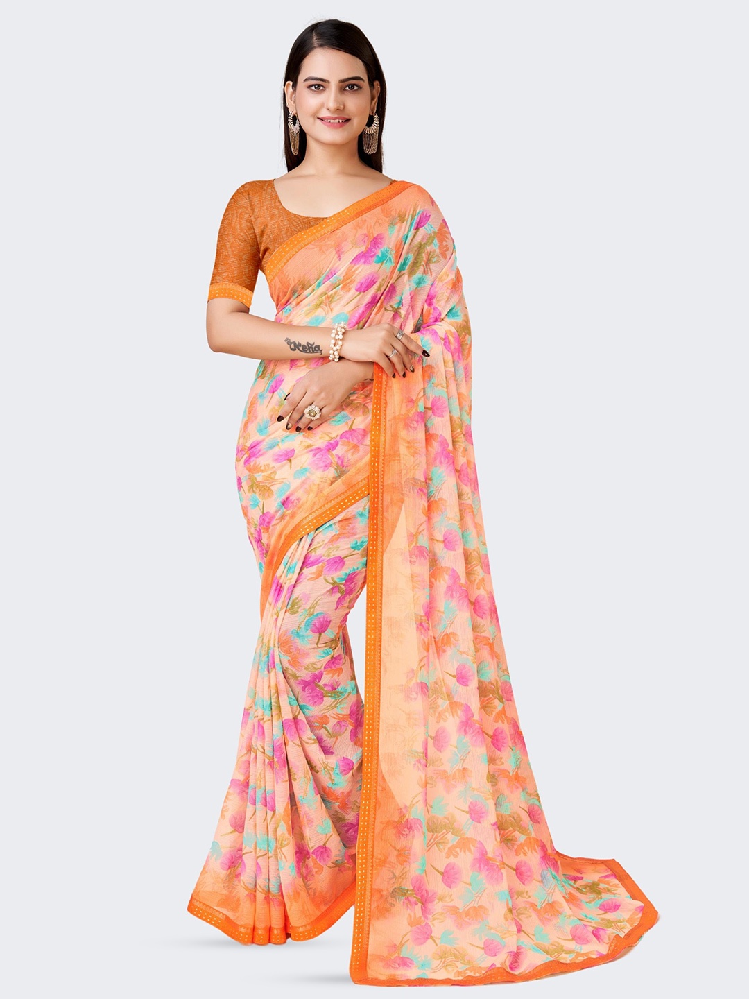 

DIVASTRI Floral Printed Pure Chiffon Saree, Orange