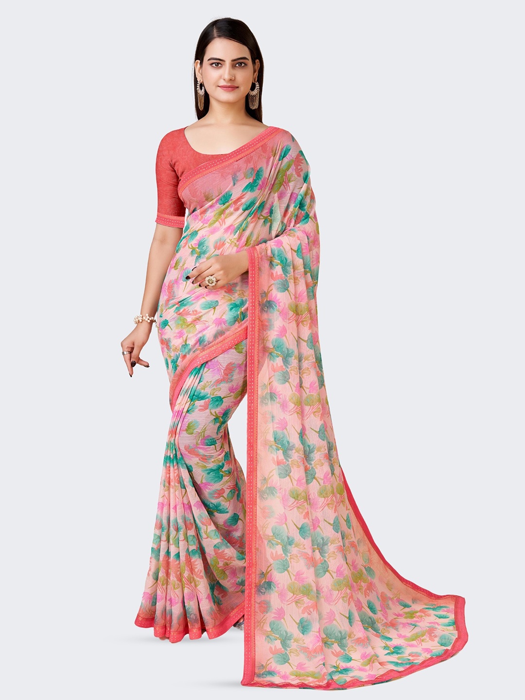 

DIVASTRI Floral Printed Pure Chiffon Saree, Red