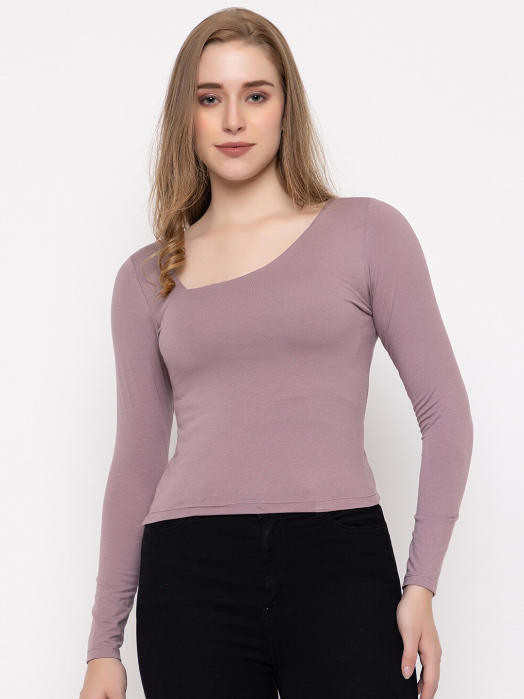 

FEMEA Asymmetric Neck Long Sleeves Cotton Fitted Top, Lavender