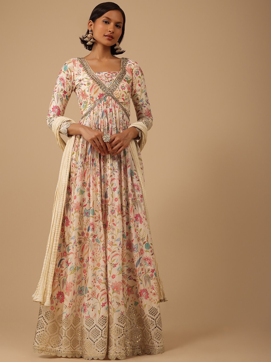 

KALKI Fashion Floral Printed Embellished Maxi Ethnic Dress With Dupatta, Off white