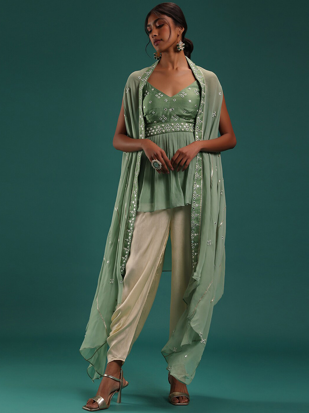 

KALKI Fashion Abla Work Peplum Style Mirror Work Kurti & Dhoti Set With Jacket, Green
