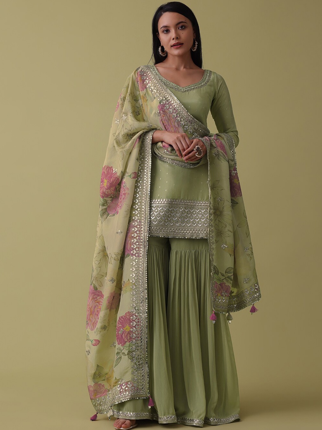 

KALKI Fashion Embroidered Regular Kurta With Sharara & Dupatta, Green