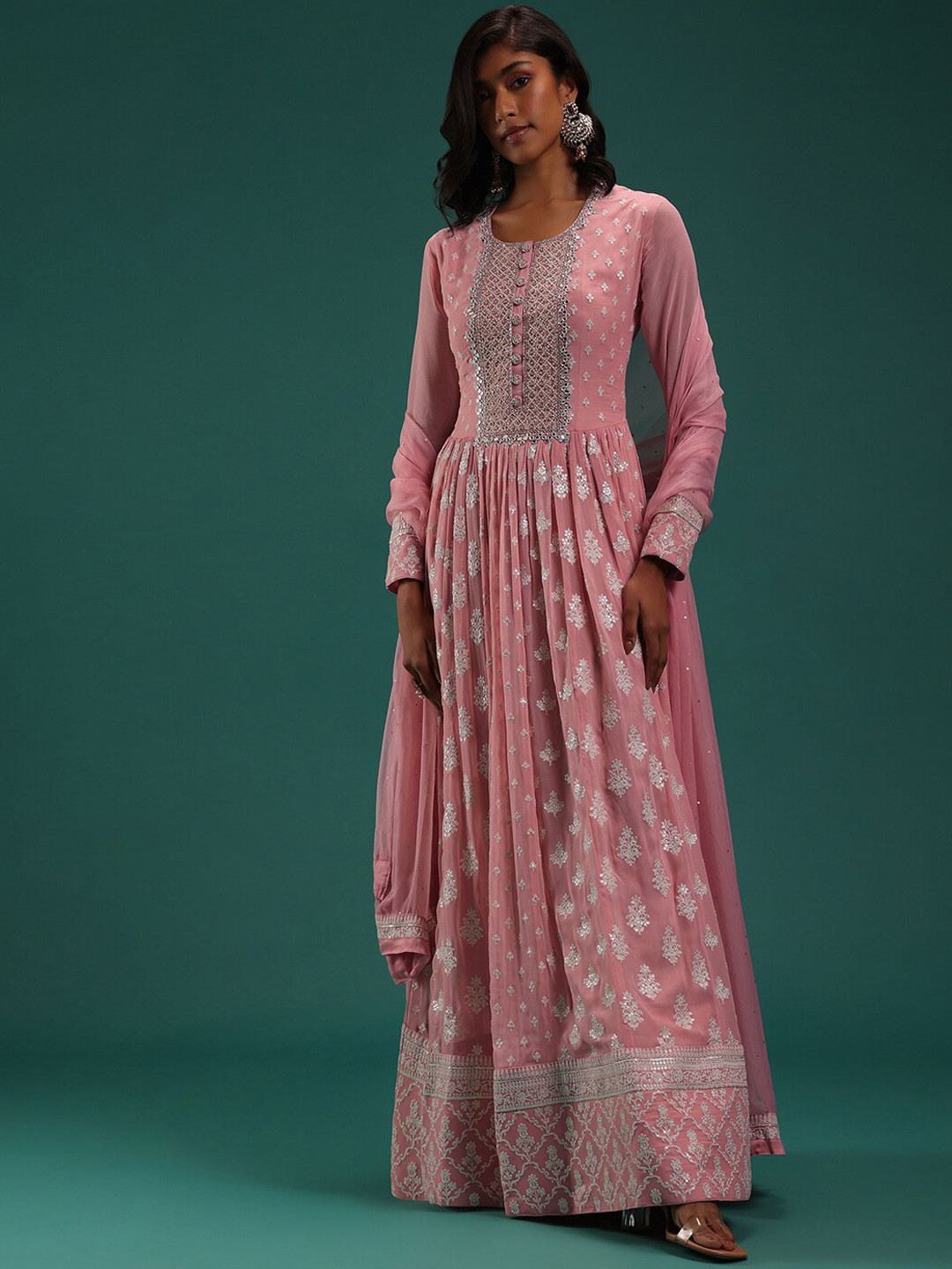 

KALKI Fashion Floral Embellished Sequinned Georgette Anarkali Kurta With Dupatta, Pink