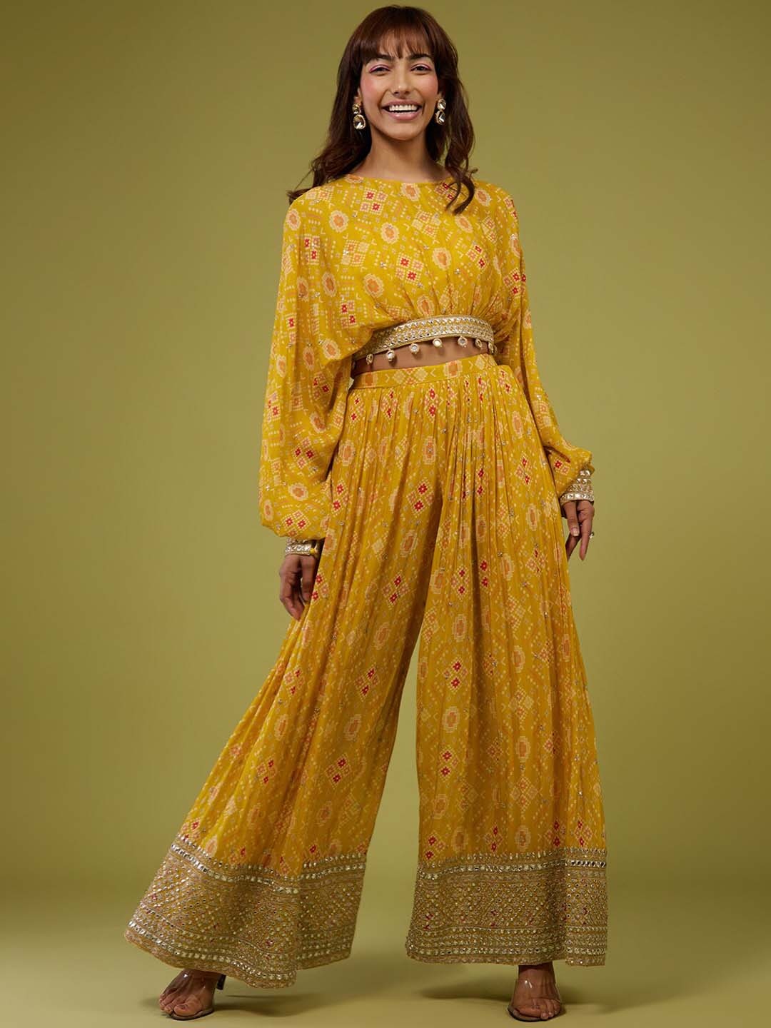 

KALKI Fashion Ethnic Motifs Printed Crop Top And Palazzo Ethnic Co-ords, Yellow