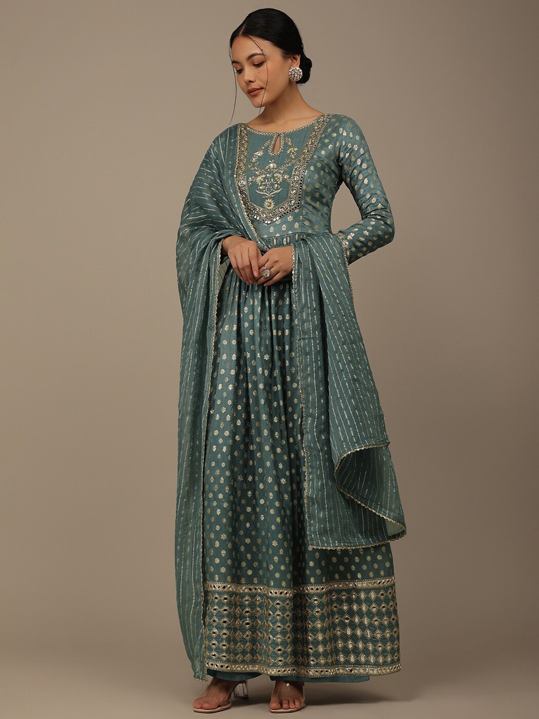 

KALKI Fashion Ethnic Motifs Woven Design Mirror Work A-Line Kurta With Trouser & Dupatta, Green