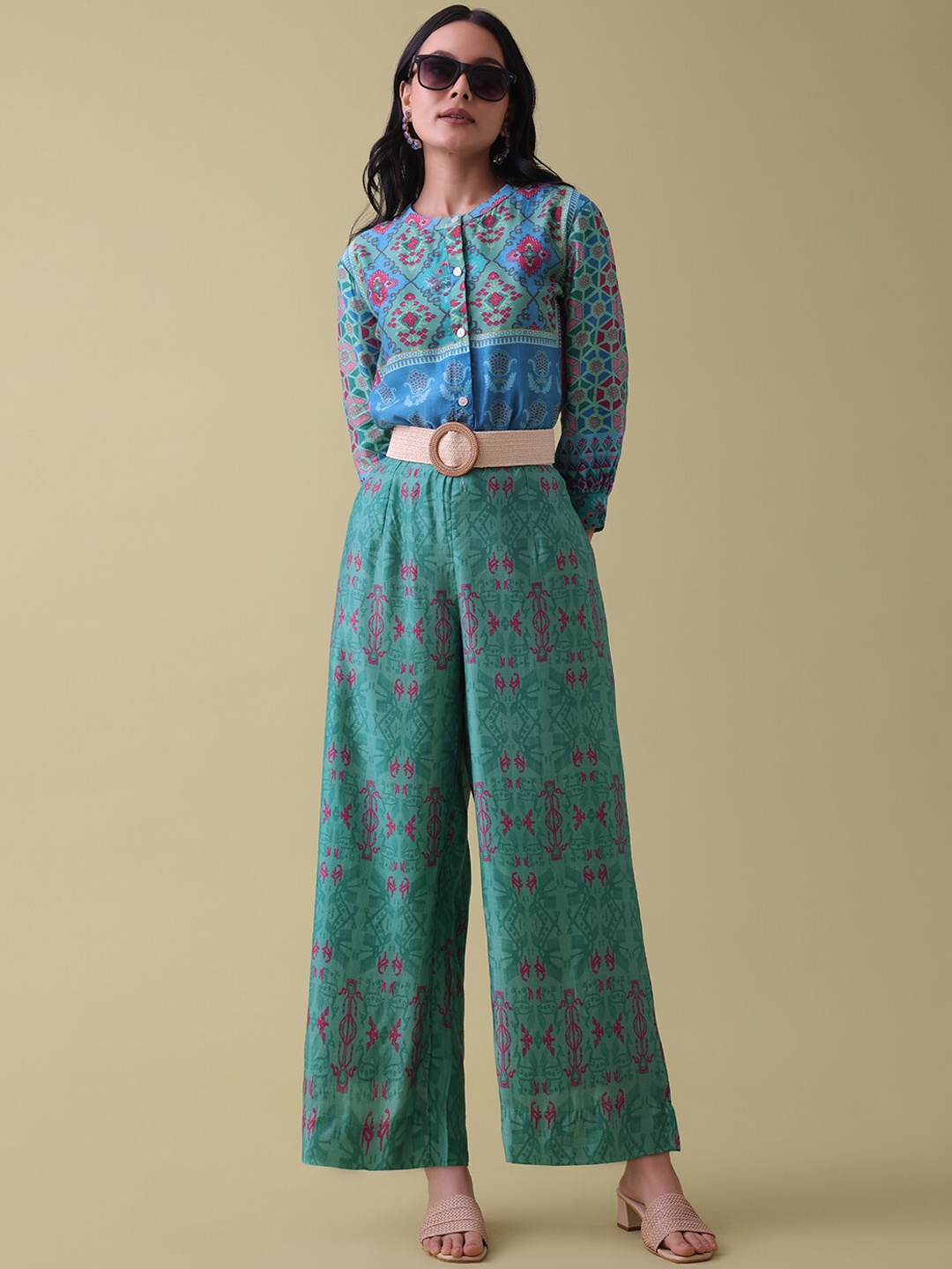 

KALKI Fashion Ethnic Motifs Printed A-Line Kurta With Trousers, Blue