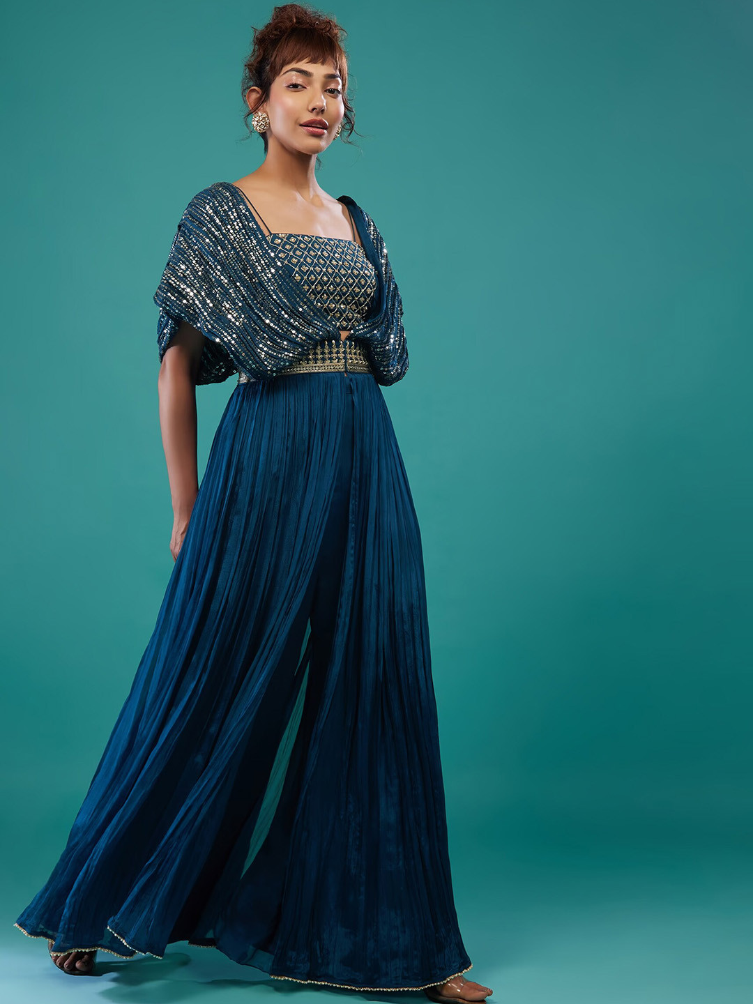 

KALKI Fashion Embroidered Sequinned Crop Top With Palazzos & Jacket, Blue