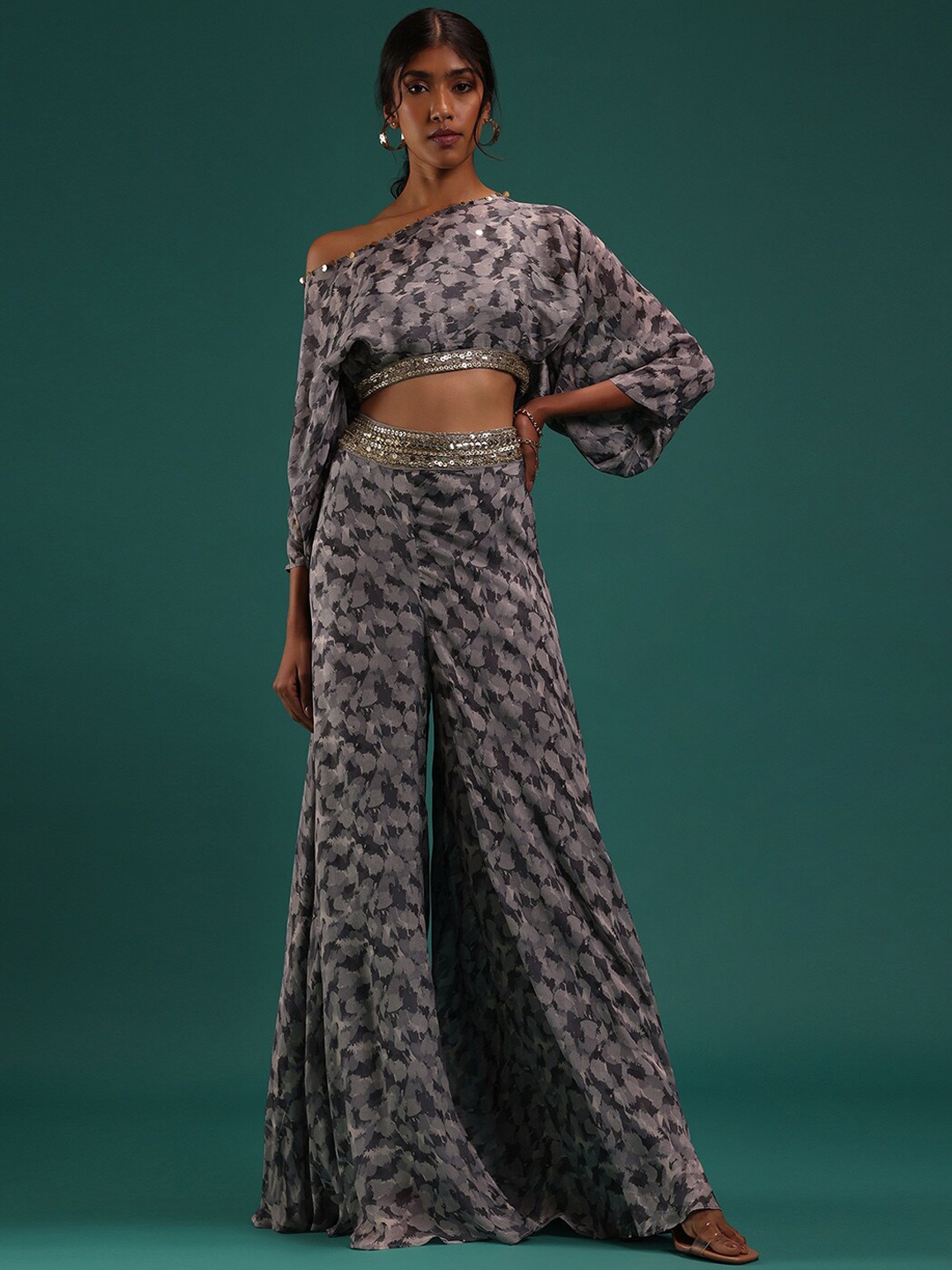 

KALKI Fashion Printed Crop Top & Palazzos, Grey
