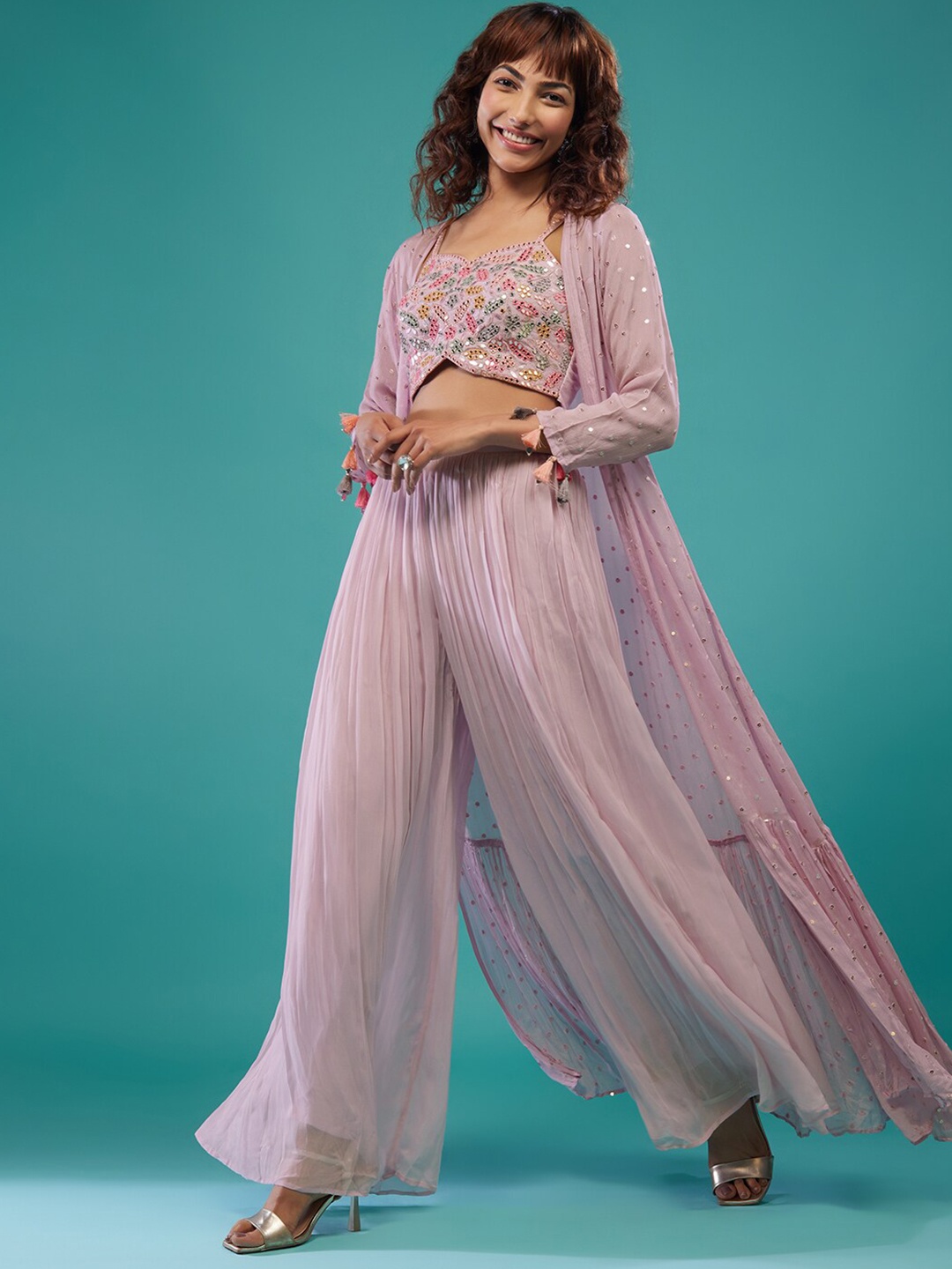 

KALKI Fashion Embroidered MirrCrop Top & Trousers With Shrug Co-Ords, Purple