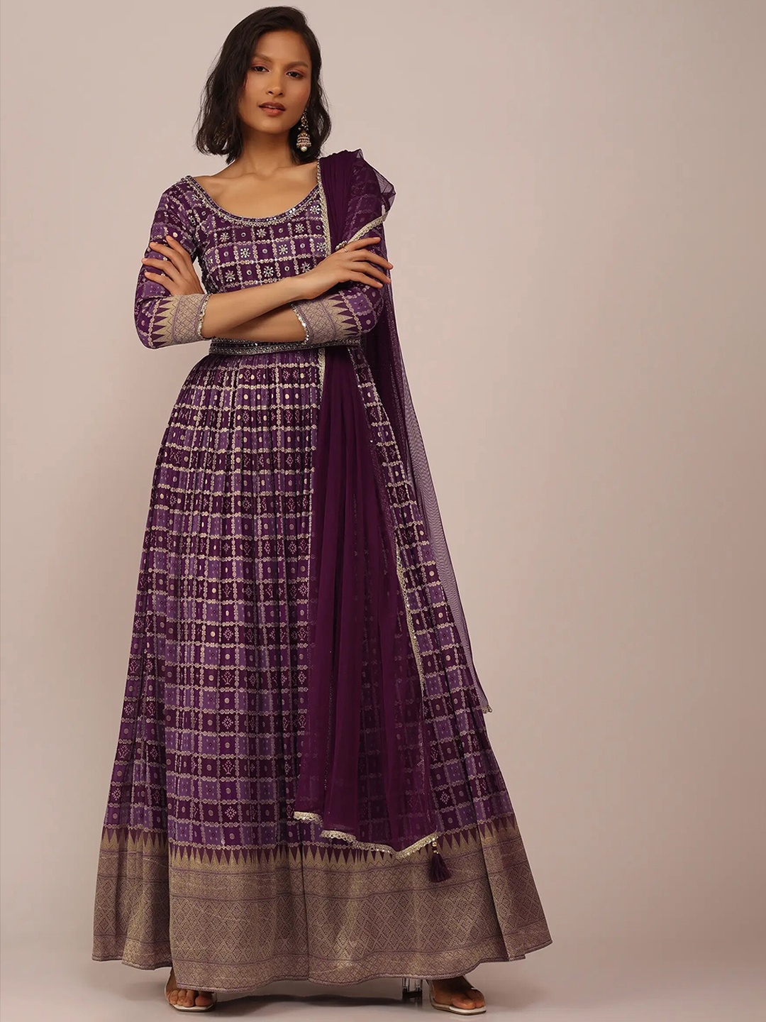 

KALKI Fashion Ethnic Motifs Printed Georgette Fit & Flare Ethnic Dress With Dupatta, Purple