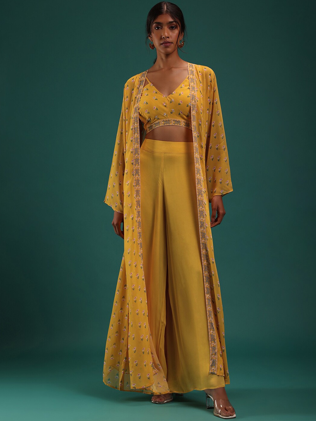 

KALKI Fashion Floral Printed Crop Top & Palazzos With Shrug, Mustard