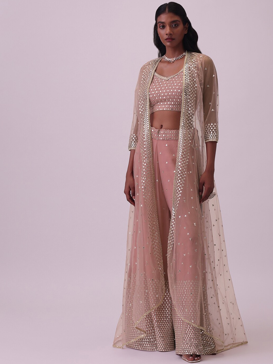 

KALKI Fashion Embroidered Crop Top & Palazzos With Shrug, Pink