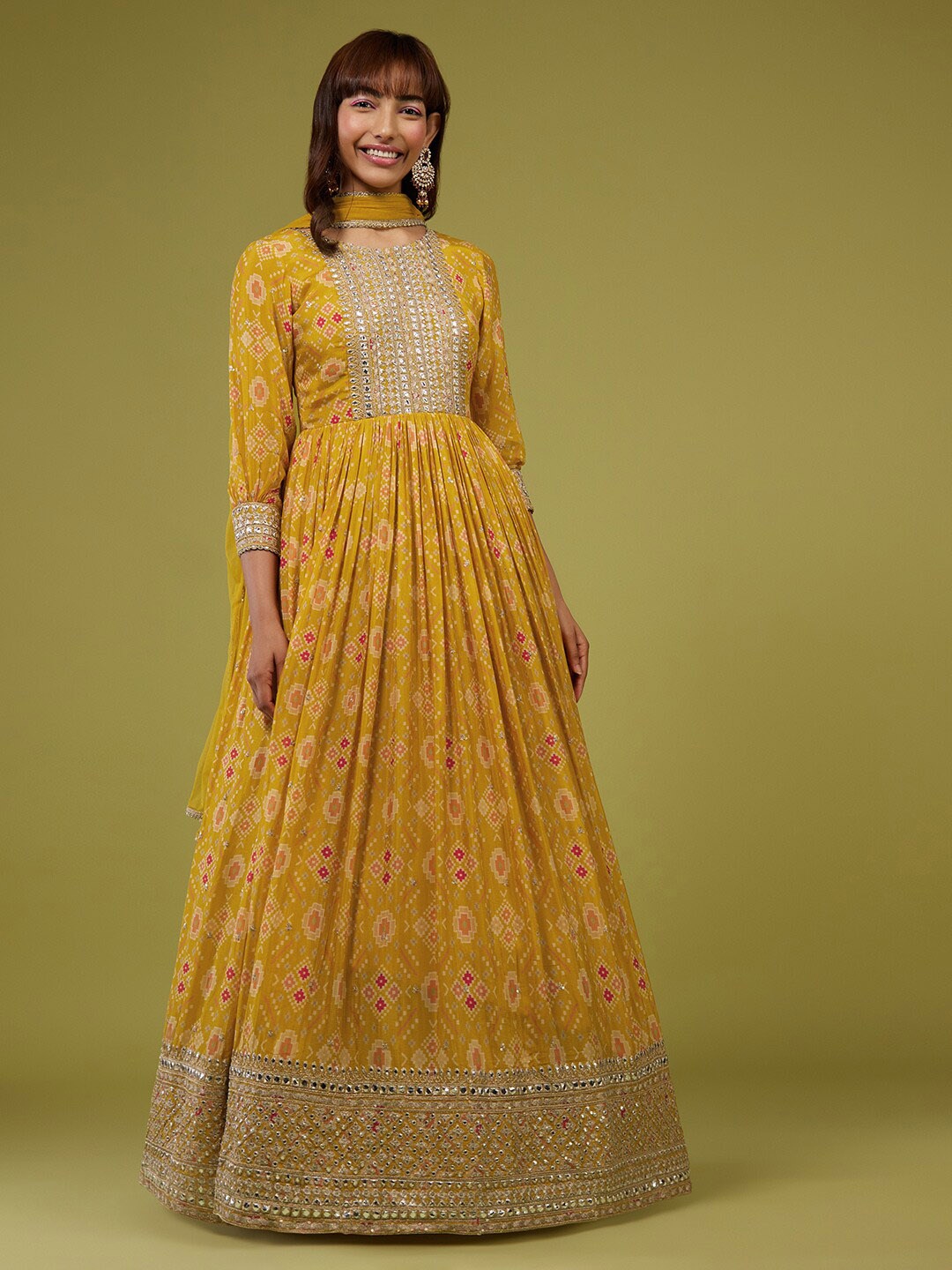 

KALKI Fashion Ethnic Motifs Printed Fit & Flare Ethnic Dress With Dupatta, Yellow