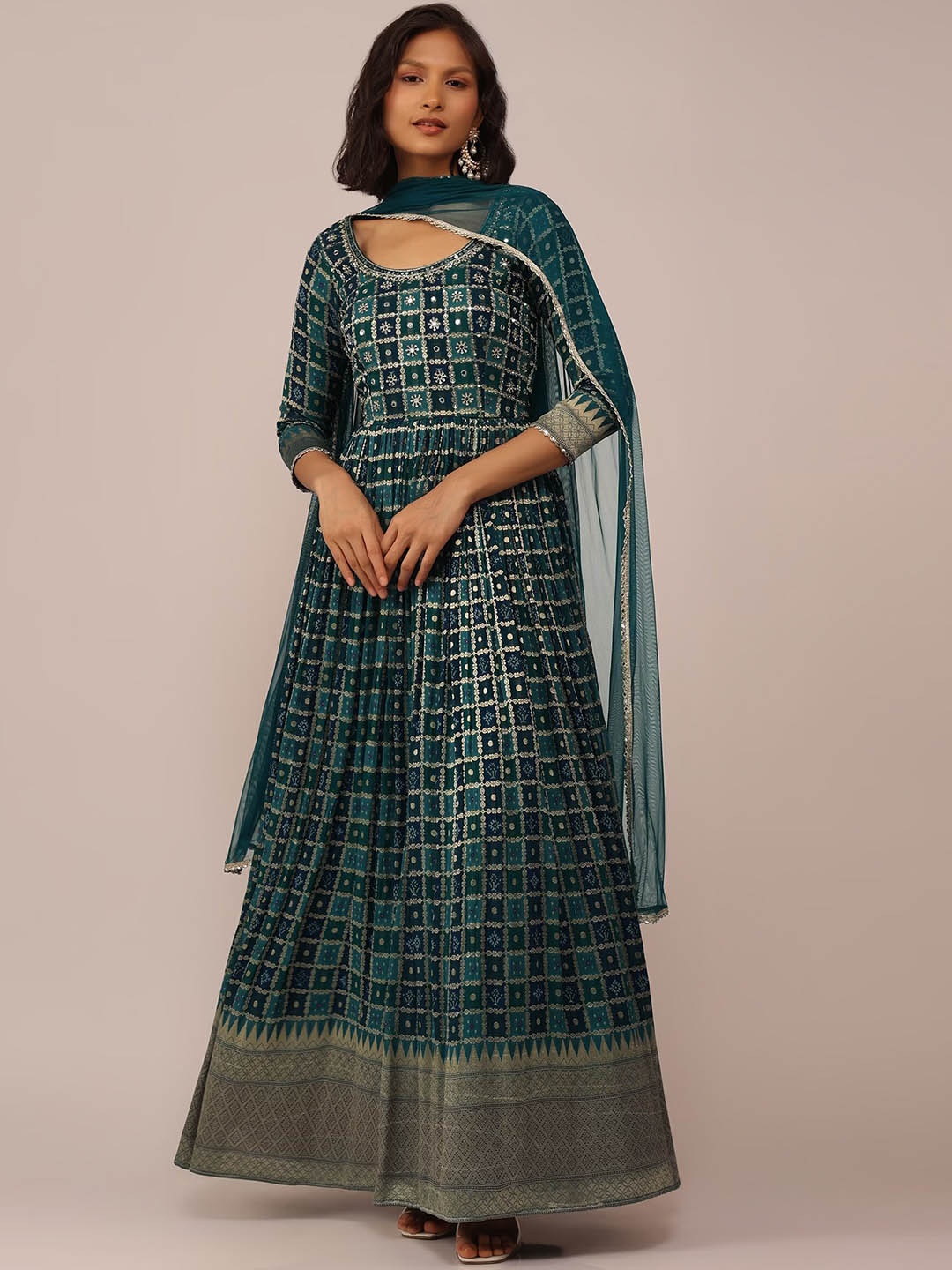 

KALKI Fashion Ethnic Motifs Printed Georgette Fit & Flare Ethnic Dress With Dupatta, Teal
