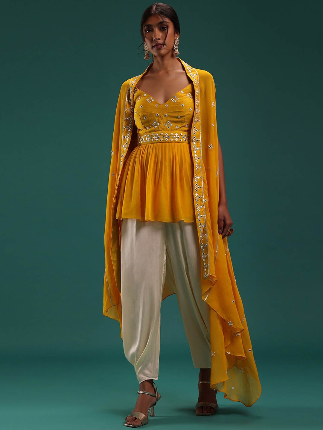 

KALKI Fashion Ethnic Motifs Embroidered A-Line Kurti With Dhoti Pants & Shrug, Yellow