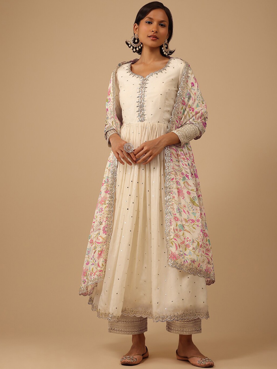 

KALKI Fashion Ethnic Motifs Embroidered A-Line Kurta & Trousers With Dupatta, Off white