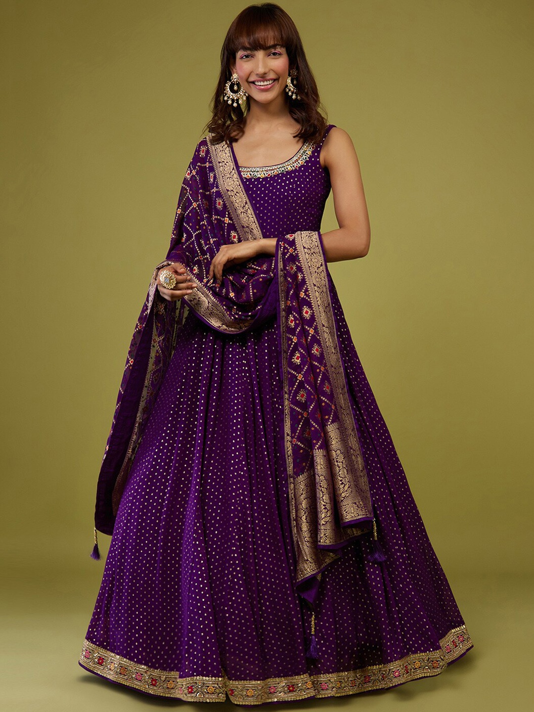 

KALKI Fashion Embellished Shoulder Straps Sequined Detail Maxi Ethnic Dress With Dupatta, Purple