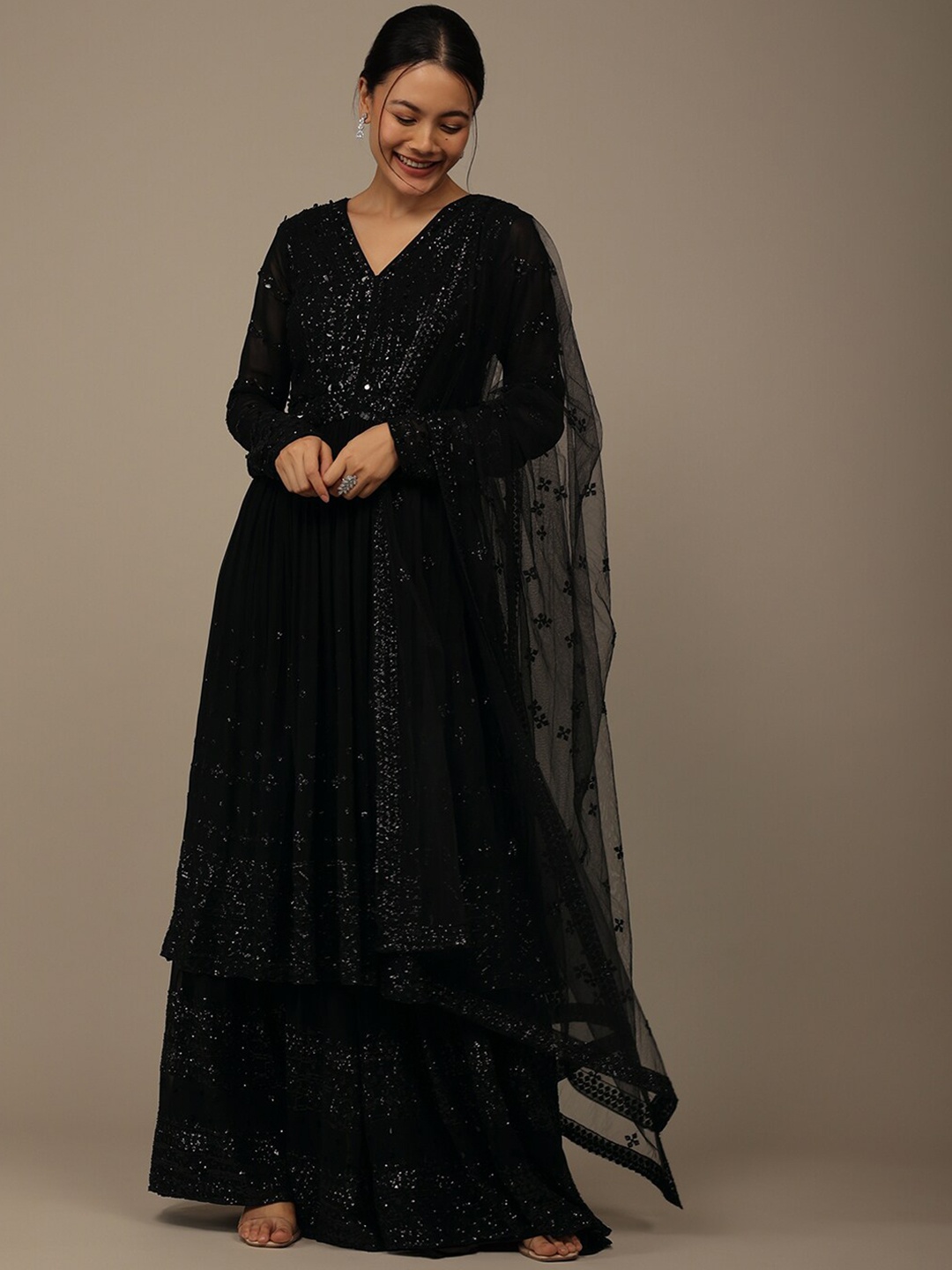 

KALKI Fashion Ethnic Motifs Embroidered Kurta & Palazzos With Dupatta, Black
