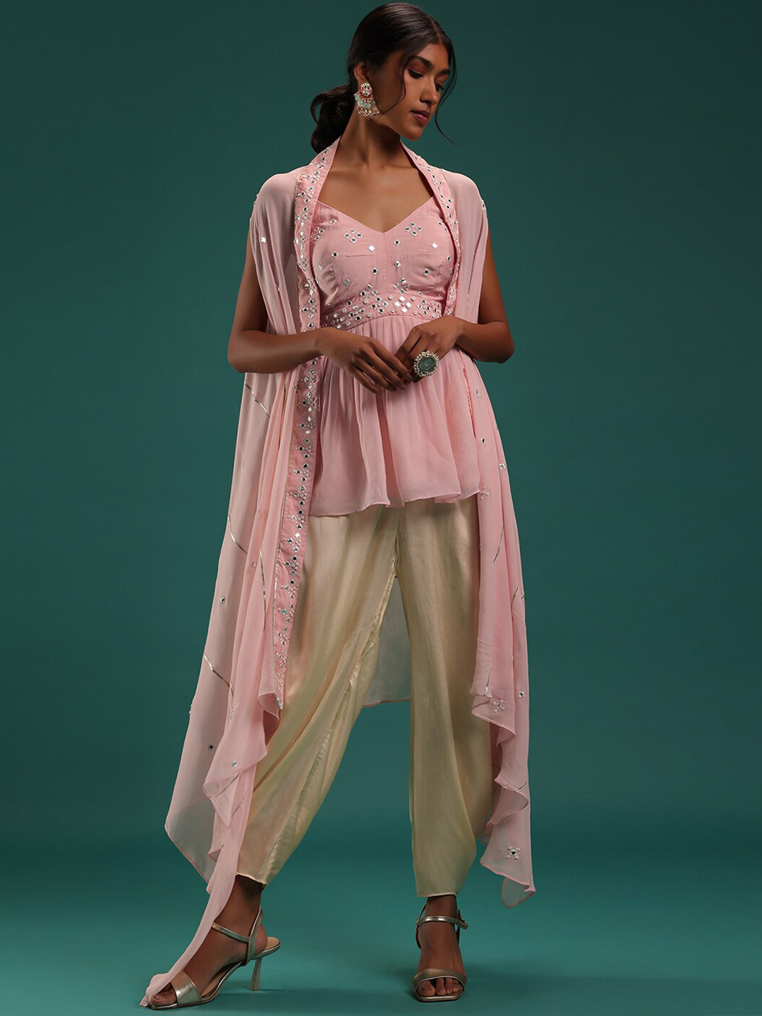 

KALKI Fashion Ethnic Motifs Embroidered A-Line Kurti With Dhoti Pants & Shrug, Pink