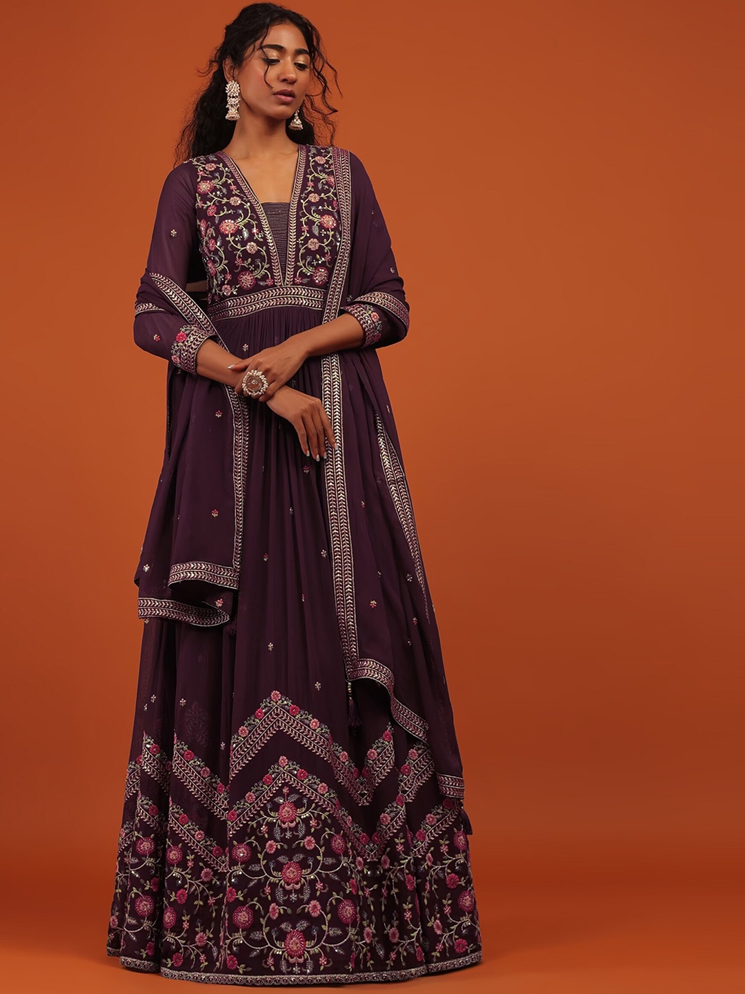 

KALKI Fashion Ethnic Motifs Embroidered Thread Work Anarkali Kurta & Leggings With Dupatta, Purple