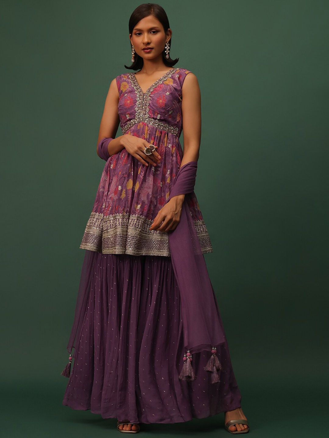 

KALKI Fashion Floral Printed V-Neck Sequinned Empire A-Line Kurta & Palazzos With Dupatta, Purple