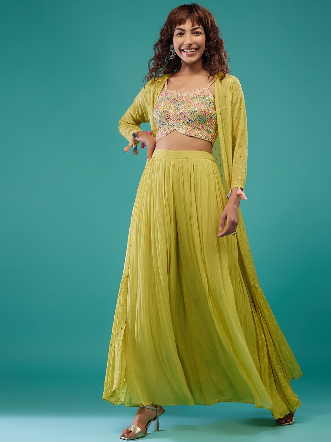 

KALKI Fashion Embroidered Mirror Work Crop Top & Palazzos With Shrug, Green