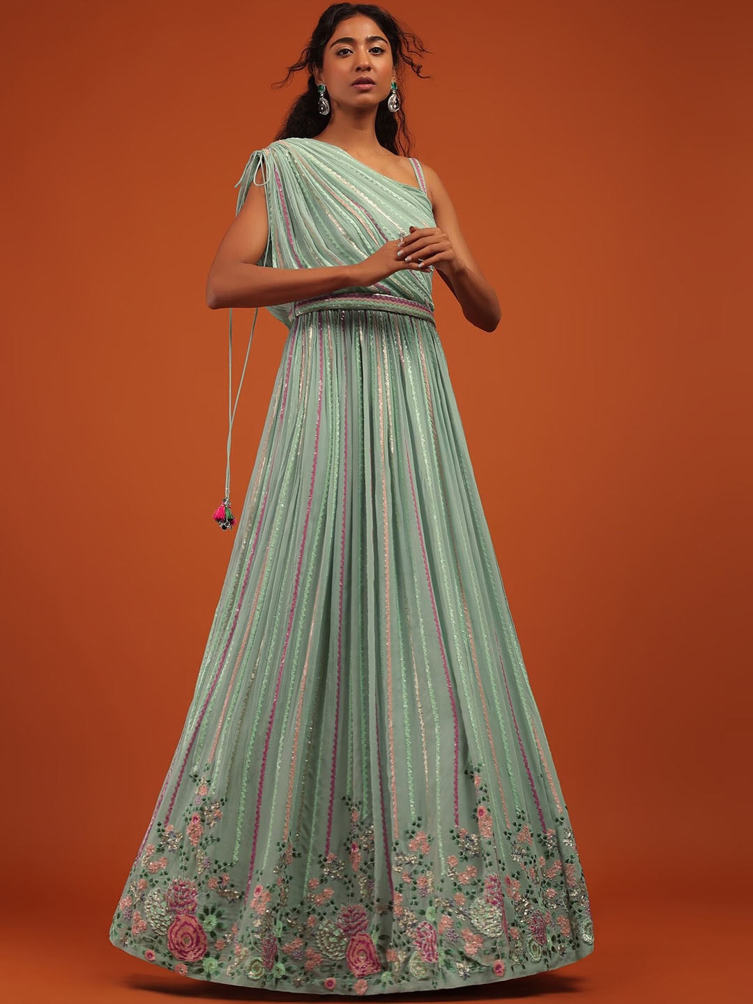 

KALKI Fashion Striped Asymmetric Neck Sequinned Detailed Maxi Ethnic Dress, Blue