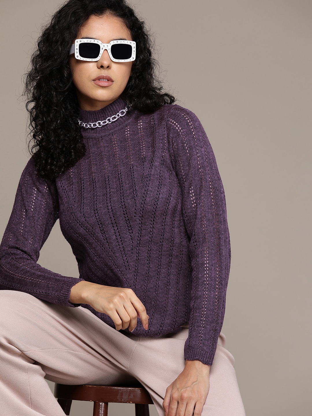 

Roadster Women Cable Knit Pullover, Purple