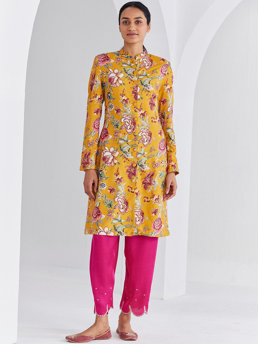 

Ancestry Floral Printed Mandarin Collar Cotton Wool Longline Ethnic Tailored Jacket, Mustard