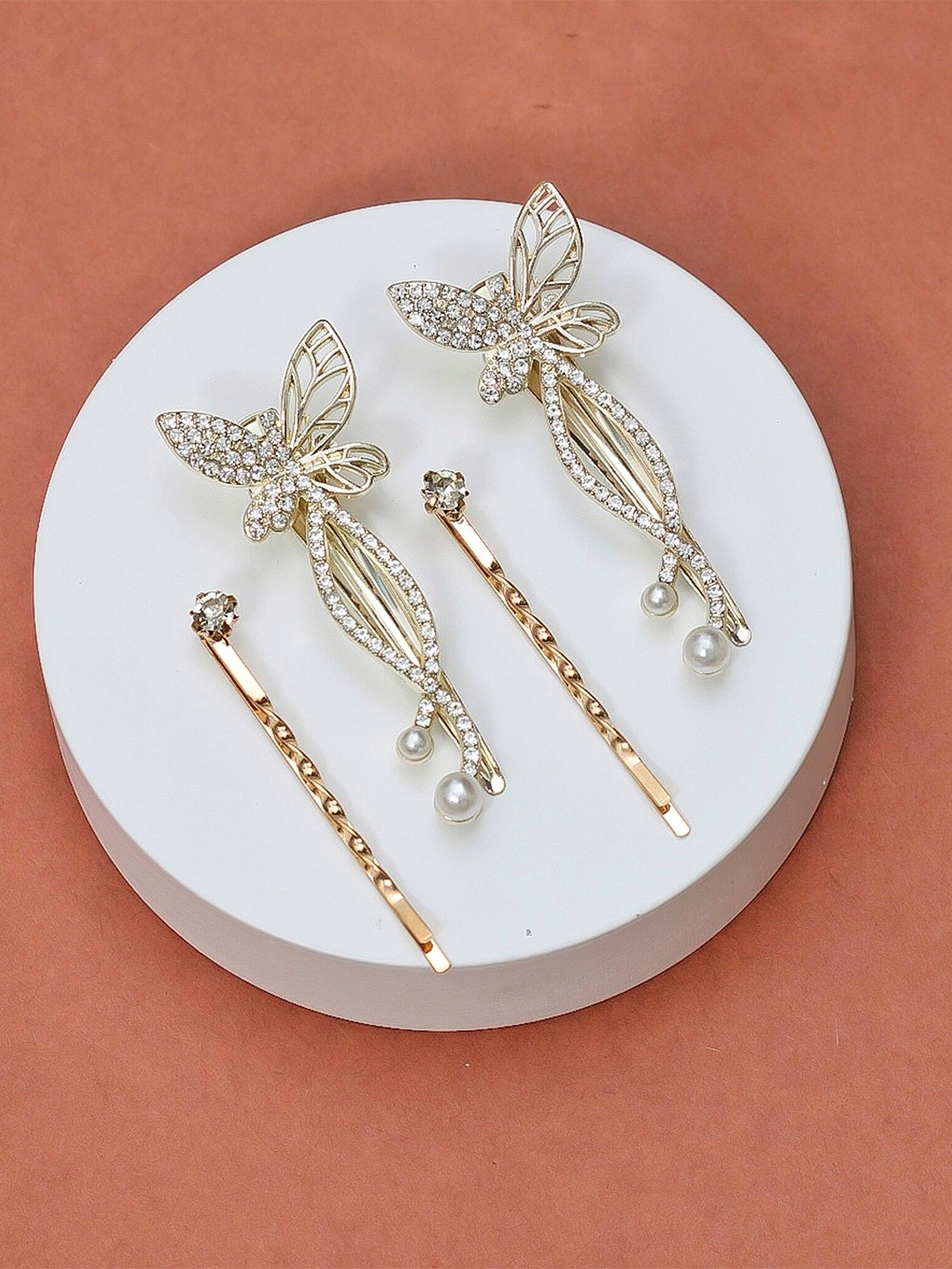 

Yellow Bee Set of 4 Pearl 3D Butterfly Hair Clip, Gold