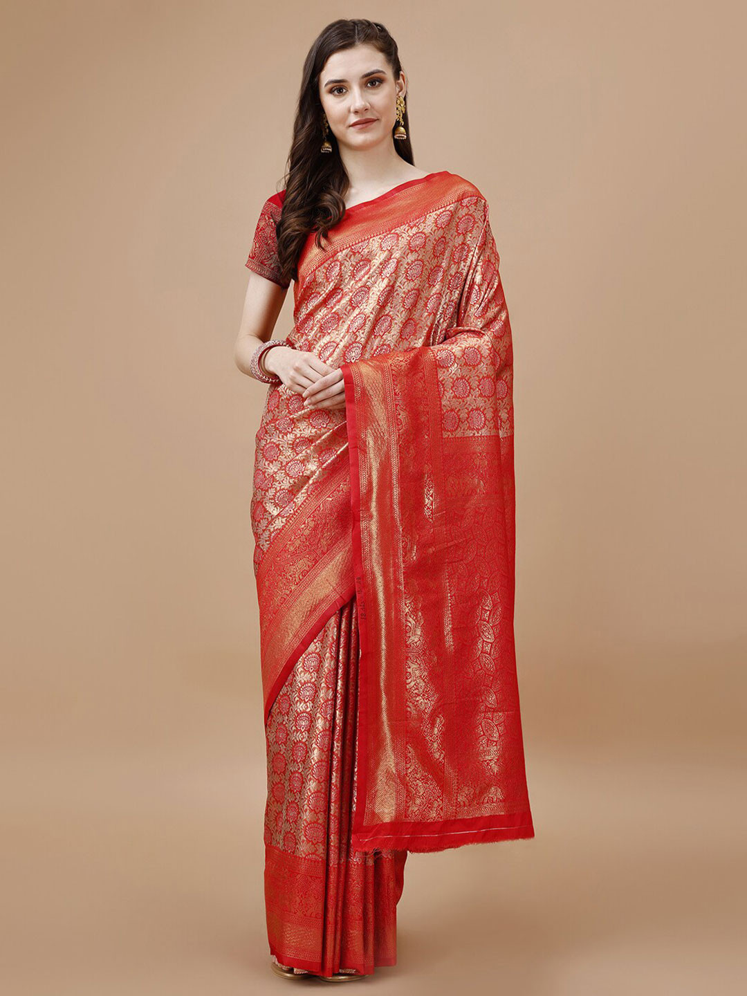 

MAGMINA Ethnic Motifs Woven Design Zari Pure Silk Kanjeevaram Saree, Red