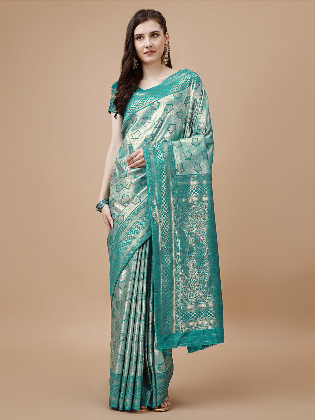

MAGMINA Ethnic Motifs Woven Design Zari Pure Silk Kanjeevaram Saree, Turquoise blue
