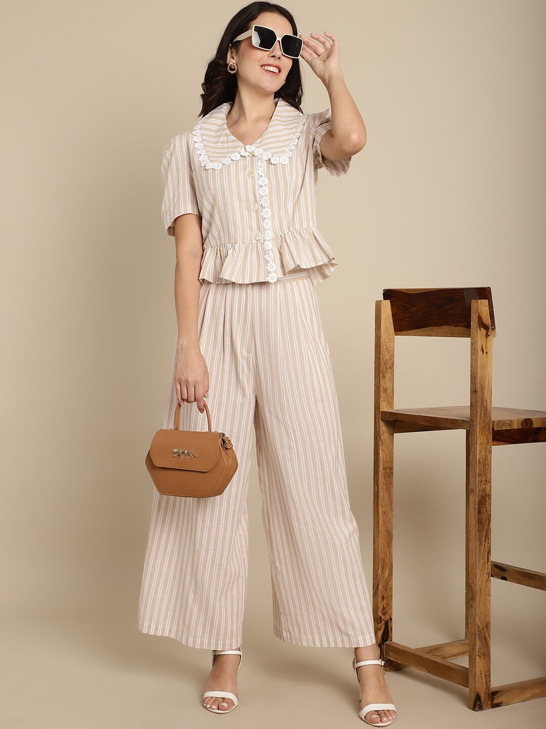 

BLANC9 Striped Pure Cotton Top With Trousers, Beige