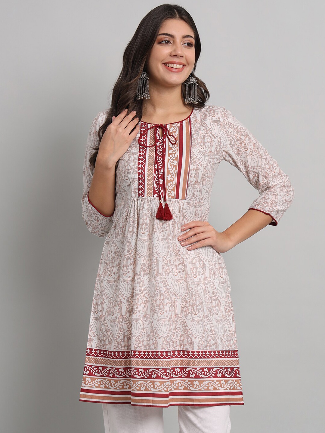 

RANGMAYEE Ethnic Motifs Printed Pure Cotton Anarkali Kurti, White