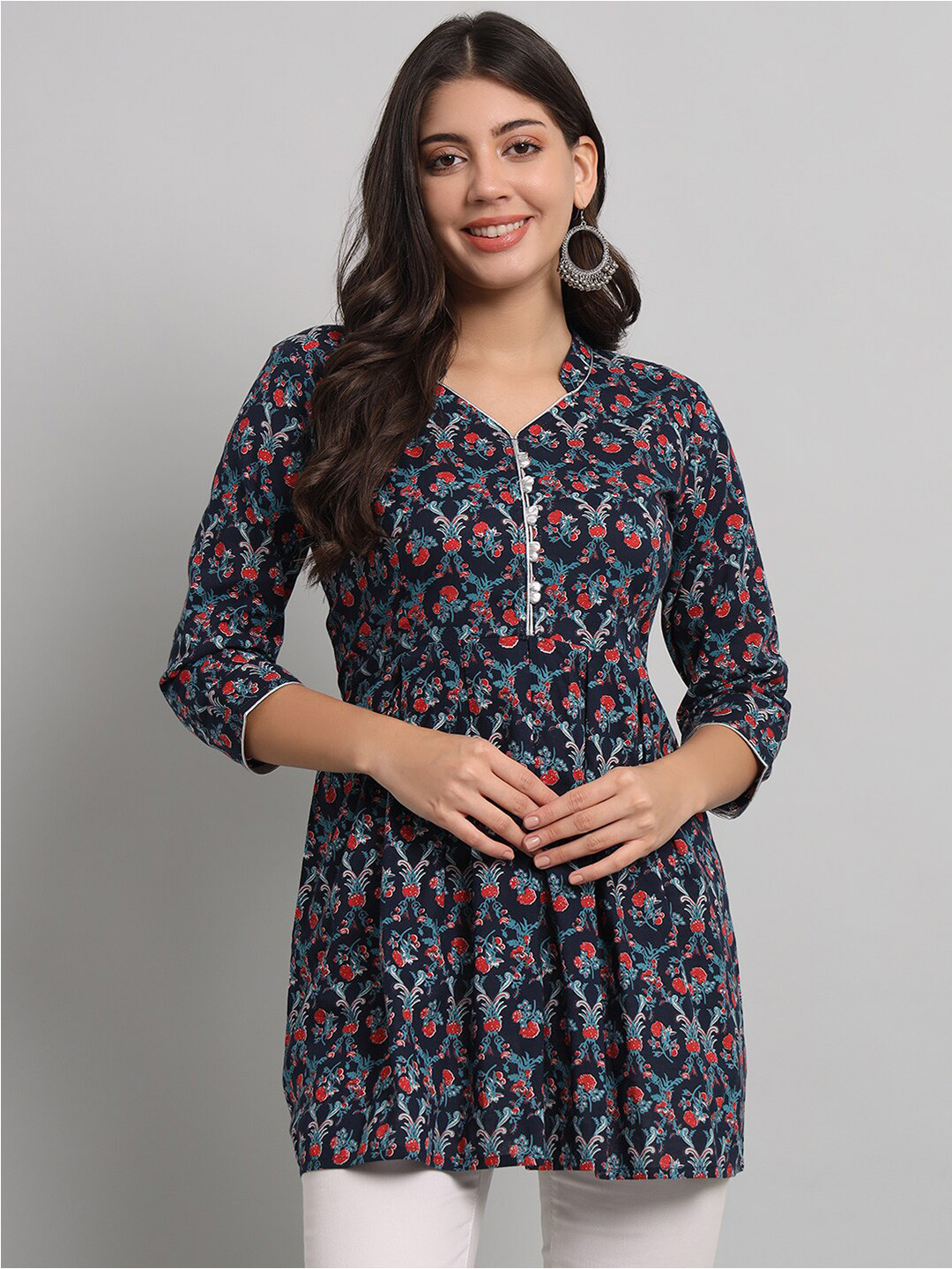 

RANGMAYEE Floral Printed V-Neck Pure Cotton A-line Kurti, Navy blue