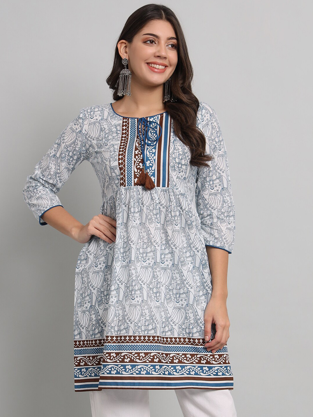 

RANGMAYEE Ethnic Motifs Printed Pure Cotton A-line Kurti, Blue