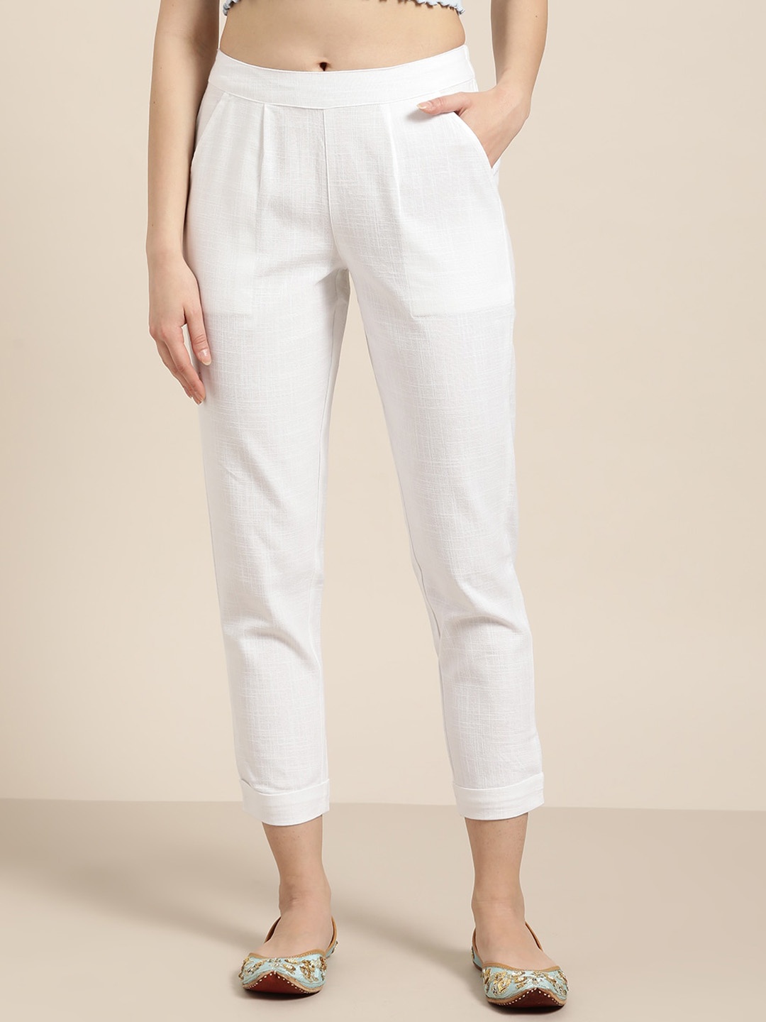

KUROCK Women Relaxed Straight Leg Pleated Cotton Cropped Trousers, White