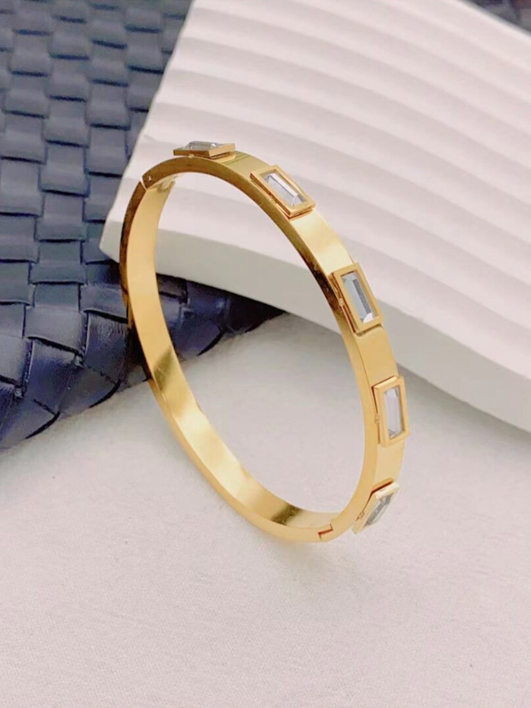 

SALTY Stainless Steel Crystals Studded Kada Bracelet, Gold