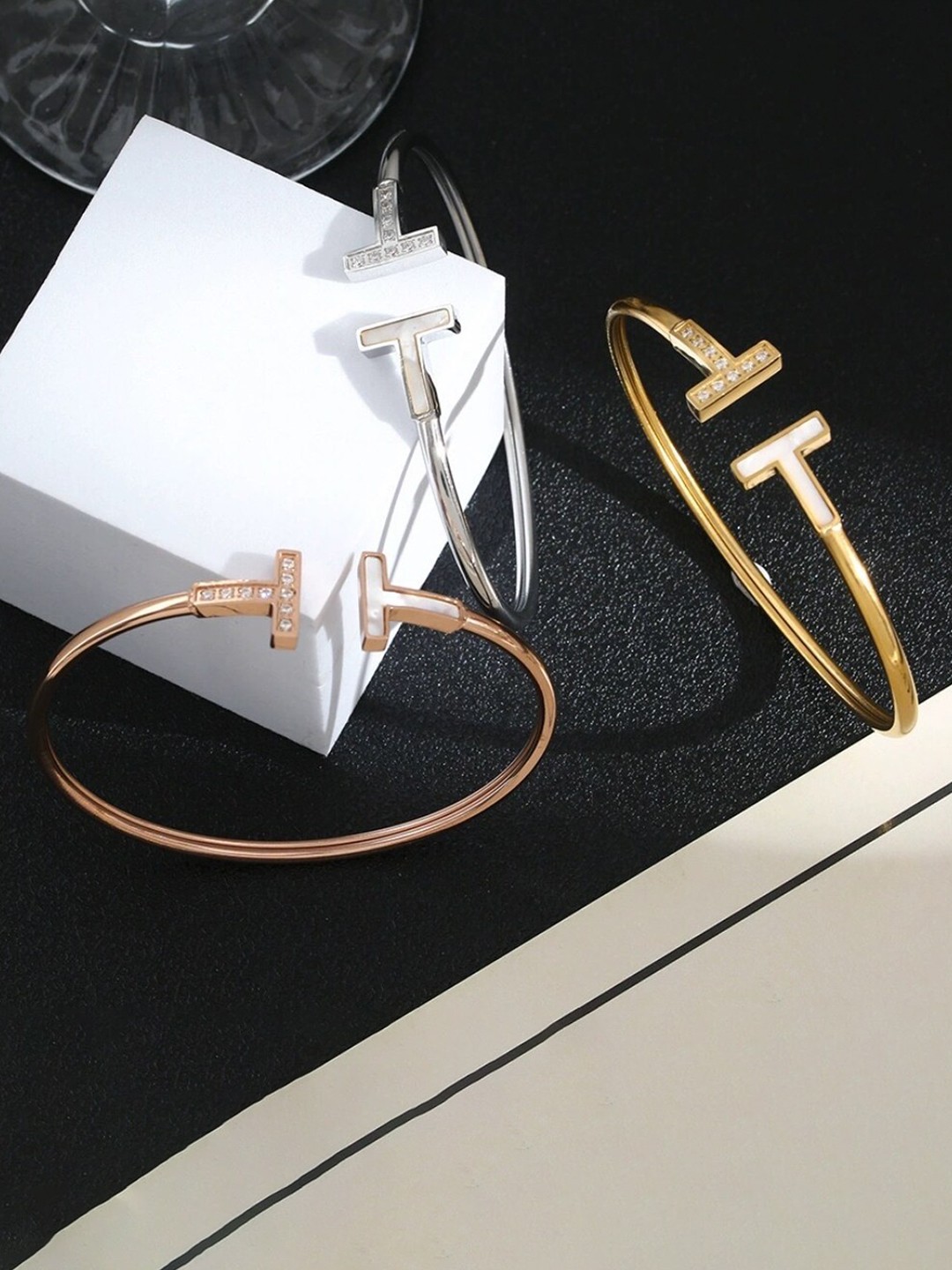 

SALTY Stainless Steel Stone Studded Cuff Bracelet, Rose gold