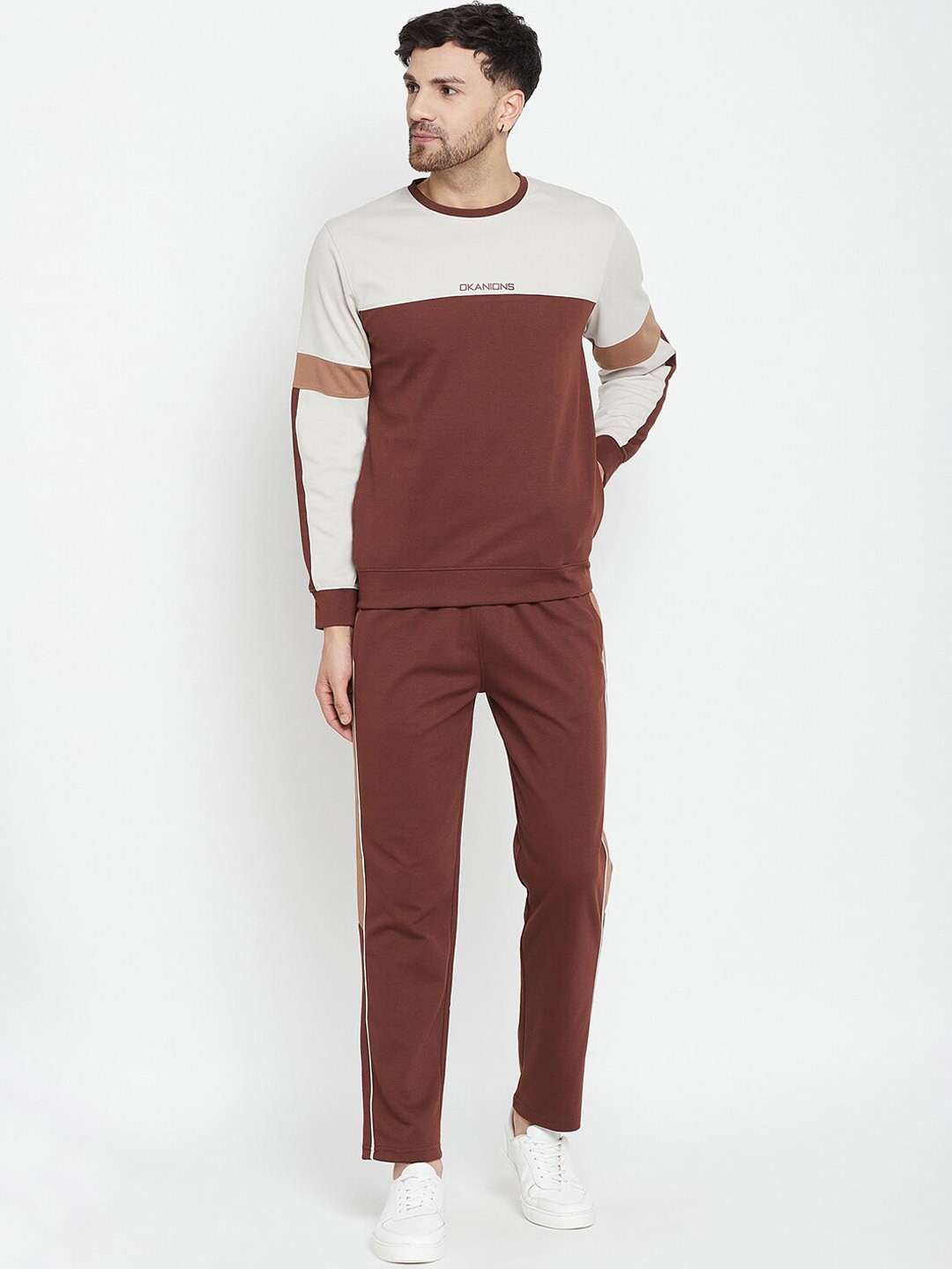 

Okane Colourblocked Long Sleeves Pullover Sweatshirt & Trackpant, Coffee brown